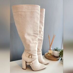 Cream Winter White Faux Suede Knee High Boots Size 6. Like new condition.